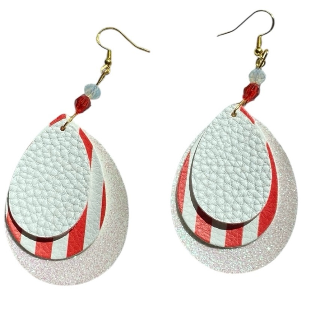 Hand Crafted Faux Leather Red and White Layered Beaded Teardrop Earrings